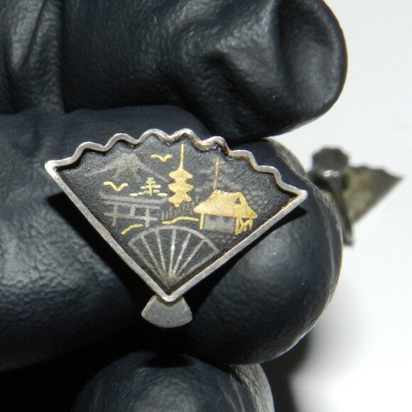 Vintage Silver Earrings Damascene Fan Japan Gold Tone - Picture 6 of 12